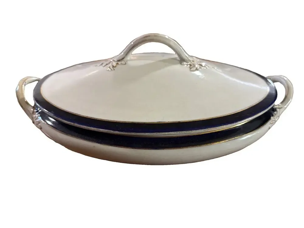 Vintage JHW & Sons Falcona Ware Tureen Covered Serving Dish Cobalt Blue Gold 30s